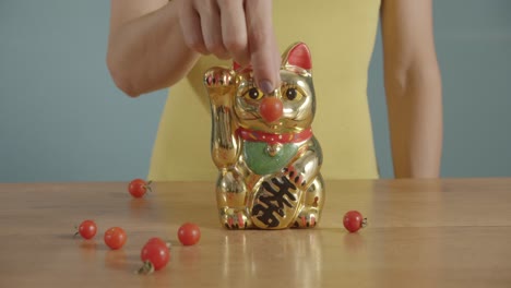Close-up-shot-of-woman's-hand-putting-a-cherry-tomato-in-front-of-a-golden-Maneki-neko-welcoming-cat's-nose
