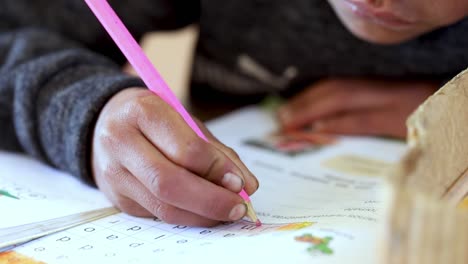 Ein-Schüler-In-Den-Bolivianischen-Anden-Schreibt-Mit-Einem-Rosa-Bleistift-In-Sein-Notizbuch