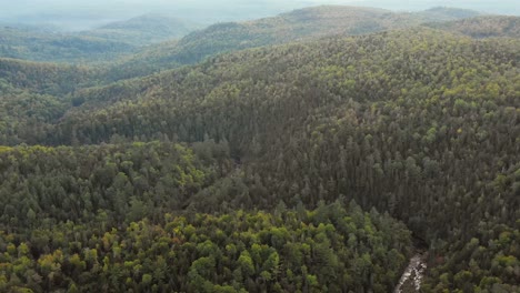 Drone-footage-flying-high-towards-a-ridge-next-to-a-winding-forest-stream