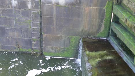 Nahaufnahme-Wasser-Läuft-Dreckiges-Moos-Kanalwasserfall