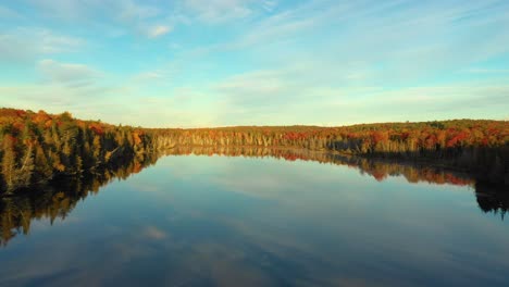 Aerial-Footage-Flying-low-across-glassy-pond-towards-forest-in-fall-colors