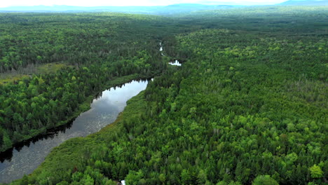 Aerial-shot-over-a-vibrant-green-forest-landscape-with-the-still-waters-of-Shirley-Bog-winding-through-the-Maine-countryside-under-ominous-stormy-skies