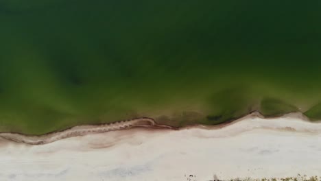 AERIAL:-View-of-a-Beach-and-Green-Color-Sea-From-Above-on-a-Sunny-Day