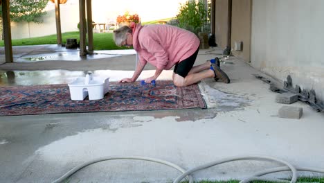 Hand-scrubbing-an-oriental-or-Persian-carpet-with-soap-and-water---medium,-panning-shot