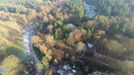 Aerial-footage-of-mansions-and-cabins-in-a-forest-in-wintertime