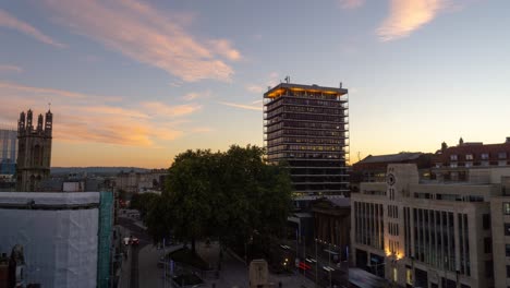 Wide-angle-golden-sunset-time-lapse-in-the-centre-of-Bristol,-UK