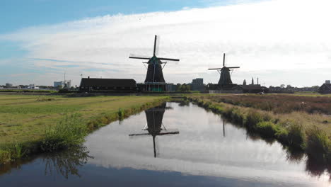 Aerial-Windmills-at-the-Zaanse-Schans,-Amsterdam,-Netherlands