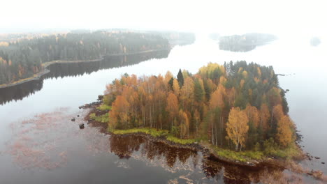 Aerial,-tilt-down,-drone-shot,-flying-over-a-island,-full-of-autumn-colors,,-on-a-foggy,-misty-and-cloudy,-fall-day,-at-lake-Pielinen,-in-Nurmes,-North-Karelia,-Finland