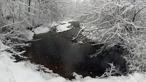 Fluffy-snow-falls-gently-in-slow-motion-over-creek
