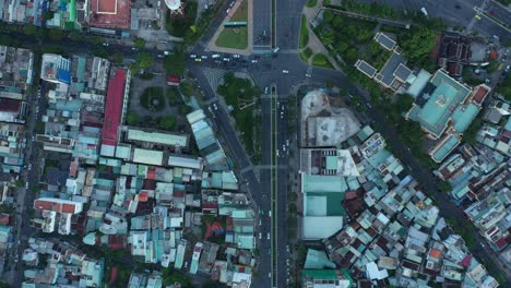 Aerial-over-busy-and-congested-roads-at-rush-hour-of-Danang-city,-Vietnam