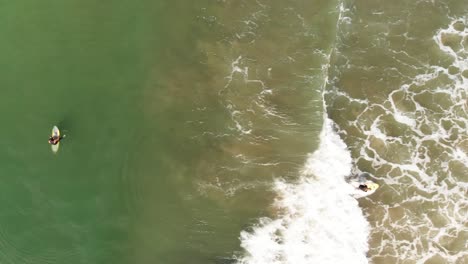 Aerial-shot-of-two-female-surfers,-one-catching-a-wave-in-southern-California