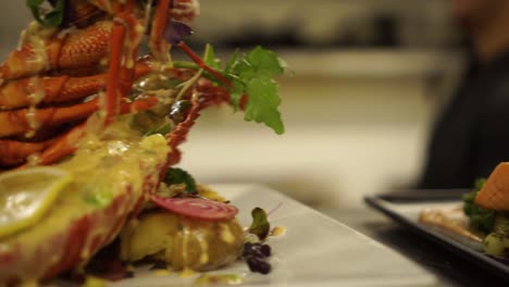 Meal-presentation-of-New-Zealand-crayfish,-with-salad,-potatoes,-lemon-and-salmon-at-a-luxury-restaurant---CLOSE-UP-detail