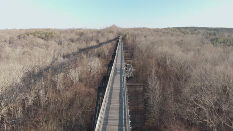 Flying-just-overhead-along-the-wooden-High-Bridge-Trail,-a-reconstructed-Civil-War-railroad-bridge-in-Virginia,-as-people-stroll-along-the-bridge