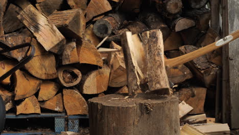Close-up-of-a-man-splitting-a-log-with-a-felling-axe