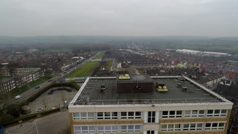 Aerial-footage-view-of-high-rise-tower-blocks,-flats-built-in-the-city-of-Stoke-on-Trent-to-accommodate-the-increasing-population,-council-housing-crisis
