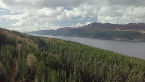 Rising-aerial-footage-over-fir-trees-of-Loch-Ness-looking-towards-Fort-Augustus,-Scottish-Highlands,-Scotland