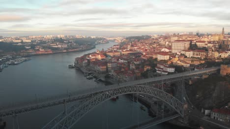 Aerial-view-of-the-city-of-Porto-,-Douro-river-and-Dom-Luis-I-bridge
