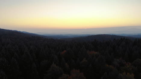 Aerial-clip-of-a-forest-in-the-Bavarian-alps-area,-with-a-camera-up-tilt-to-reveal-the-mountains-panorama,-during-sunrise-hours