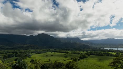 Zeitraffer-Eines-Grünen-Tals-Auf-Der-Hawaiianischen-Insel-Kauai,-Während-Darunter-Kühe-Grasen