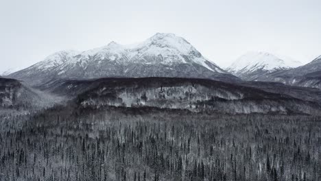 Drone-Flies-over-snow-covered-alaskan-forest-and-large-mountain
