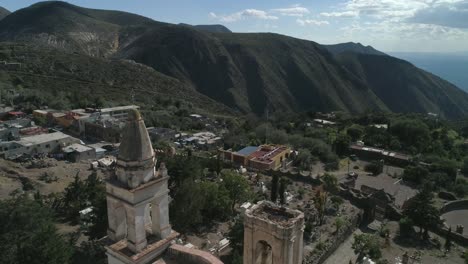 Aerial-shot-of-the-Chapel-of-Guadalupe-in-Real-de-Catorce,-San-Luis-Potosi-Mexico