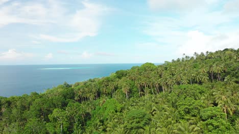 bird's-eye-view-of-a-bright-blue-turquoise-tropical-Pacific-ocean-and-palm-trees-under-clear-blue-sky-and-white-clouds-with-a-small-white-sandy-exotic-sland-in-the-horizon-drone-aerial-4k