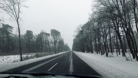 Pov-Fahrzeug-Fahren-Landschaft-Nass-Straße-Winterlandschaft-Schnee-Wald-Kahle-Bäume-Dreckig-Fenster-Gopro-Sicht-Auto-Reisen-Bewölkter-Himmel