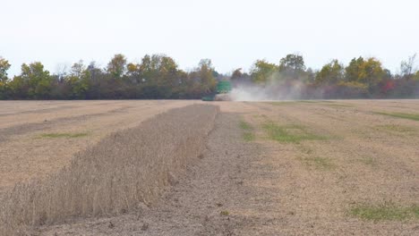 Wide-shot-of-a-combine-harvester-harvesting-soybean-in-the-distance