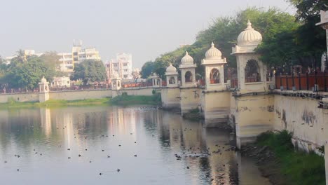 Lakhota-lake-Jamnagar-city-Gujarat-stock-video-I-Lake-with-a-beautiful-golden-shine-and-birds-in-it-stock-video