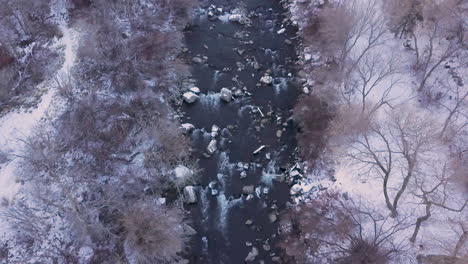 Looking-straight-down-at-a-rushing-river-in-winter