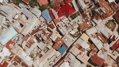 Aerial-top-view-of-Zanzibar-roofs-in-Stone-town,-Tanzania