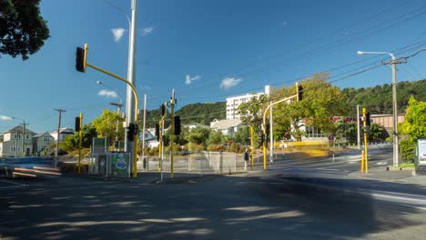 Ein-Zeitraffer-Des-Verkehrs-Um-Das-Beckenreservat-In-Wellington-Nz