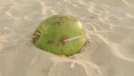 Eine-Einsame-Leere-Kokosnuss-Mit-Einem-Durchsichtigen-Plastikstrohhalm,-Der-Am-Strand-Zurückgelassen-Wurde