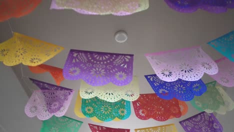 Mexican-Fiesta-Papel-Picado-Garland-hanging-from-a-ceiling-as-colorful-and-traditional-Mexican-decoration