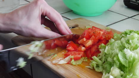 Schließen-Sie-Die-Hände,-Die-Tomaten-Schneiden-Und-Gemüse-Mit-Einem-Küchenmesser-Schneiden,-Während-Sie-Auf-Einem-Holzschneidebrett-Eine-Gesunde-Vegane-Mahlzeit-Zubereiten