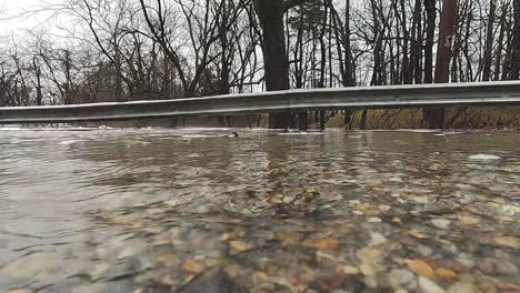 Aufnahmen-Auf-Straßenebene-Von-Hochwasser,-Das-über-Eine-Brücke-In-Einem-überfluteten-Park-Steigt