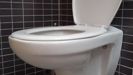 Toilet-bowl,-lavatory-in-modern-bathroom-with-black-and-grey-tiles,-HD-1080p,-open-lid,-tilt-up-shot