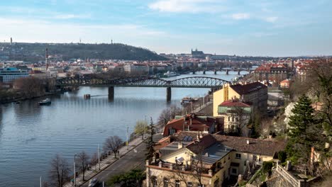 Zoom-in-timelapse-of-bridges-over-Vltava-River-in-Prague,-Czech-Republic