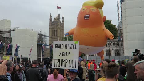Erwachsene-Demonstrantin-Mit-Plakat-Gegen-Präsident-Donald-Trump-Mit-Baby-Trump-Ballon-Im-Hintergrund-Im-Parliament-Square-Garden-Am-4.-Juni-2019