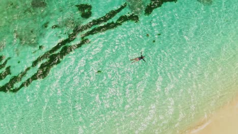 Ein-Modell,-Das-An-Einem-Atemberaubenden-Strand-Mit-Klarem-Wasser-Auf-Der-Erstaunlichen-Karibischen-Insel-Petit-St.-Vincent,-Grenada,-Schwimmt