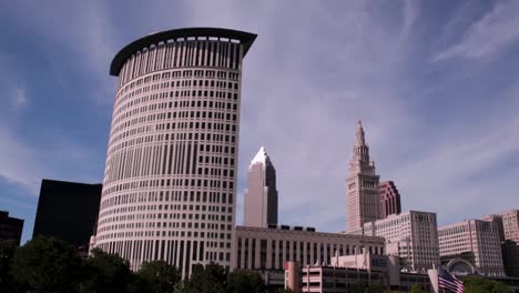 A-pan-of-the-Cleveland-skyline-to-the-Cuyahoga-River-in-slow-motion