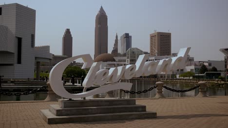 Cleveland's-North-Coast-Harbor-script-sign-time-lapse-during-the-day-with-water-movement