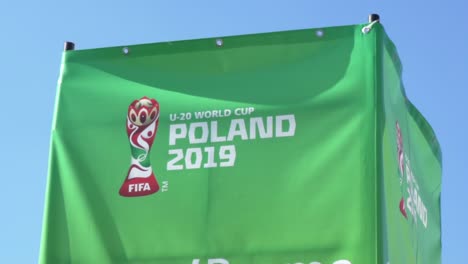 Pan-to-the-left-shot-of-a-sign-of-the-world-cup-u-20-in-Poland