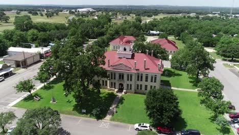 This-is-a-aerial-video-of-Johnson-City-in-Texas-lowers-into-view-the-Blanco-County-Courthouse