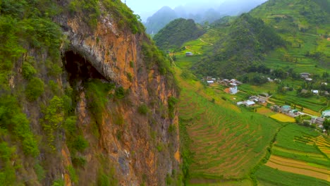 Slow-tilt-up-revealing-gorgeous-lush-farmland-in-the-dong-van-karst-plateau-geopark
