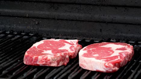 Zwei-Rohe-Rib-Eye-Steaks-Bereiten-Sich-Darauf-Vor,-Auf-Einem-Grill-Zubereitet-Zu-Werden