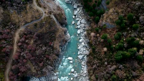 Aerial-top-down-shot-of-Skippers-canyon-and-Shotover-River-in-Queenstown,-Central-Otago,-New-Zealand