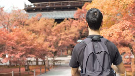 Guy-walking-towards-a-shrine-brushing-his-hands-in-the-orange-autumn-leaves-in-Kyoto,-Japan-soft-lighting-slow-motion-4K