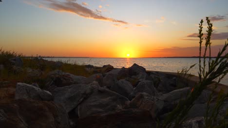 Ein-Atemberaubender-Sonnenuntergang-In-Florida,-Der-Durch-Strandhafer-Und-Große-Küstenfelsen-Späht