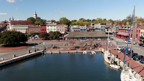 Cinematic-rising-aerial-reveals-historic-old-town-Annapolis-on-sunny-autumn-day